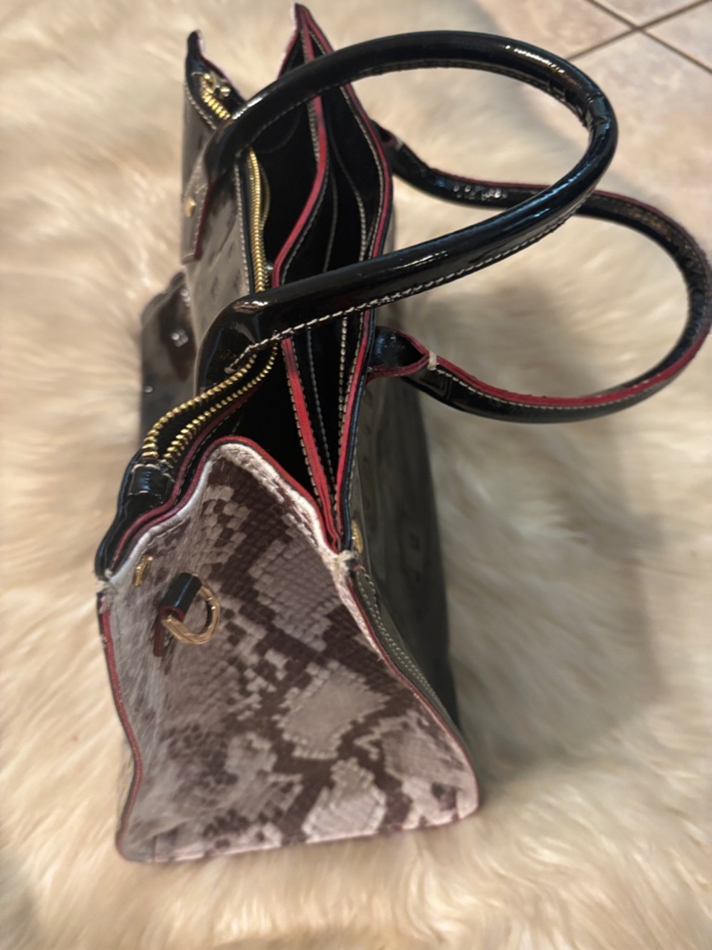 Arcadia Black Patent Tote with Snakeskin Sides